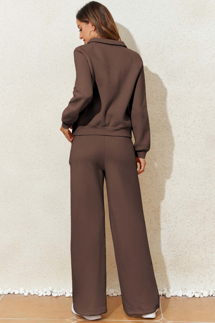 Dark Brown Solid Collared Sweatshirt and High Waist Pants Active Set - Picture 3 of 8